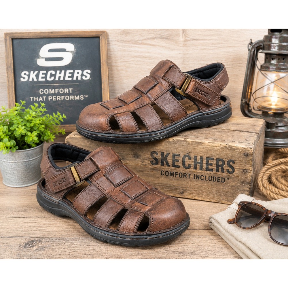Skechers Men's Brown Leather Fisherman Sandals Closed Toe Casual Shoes US 9